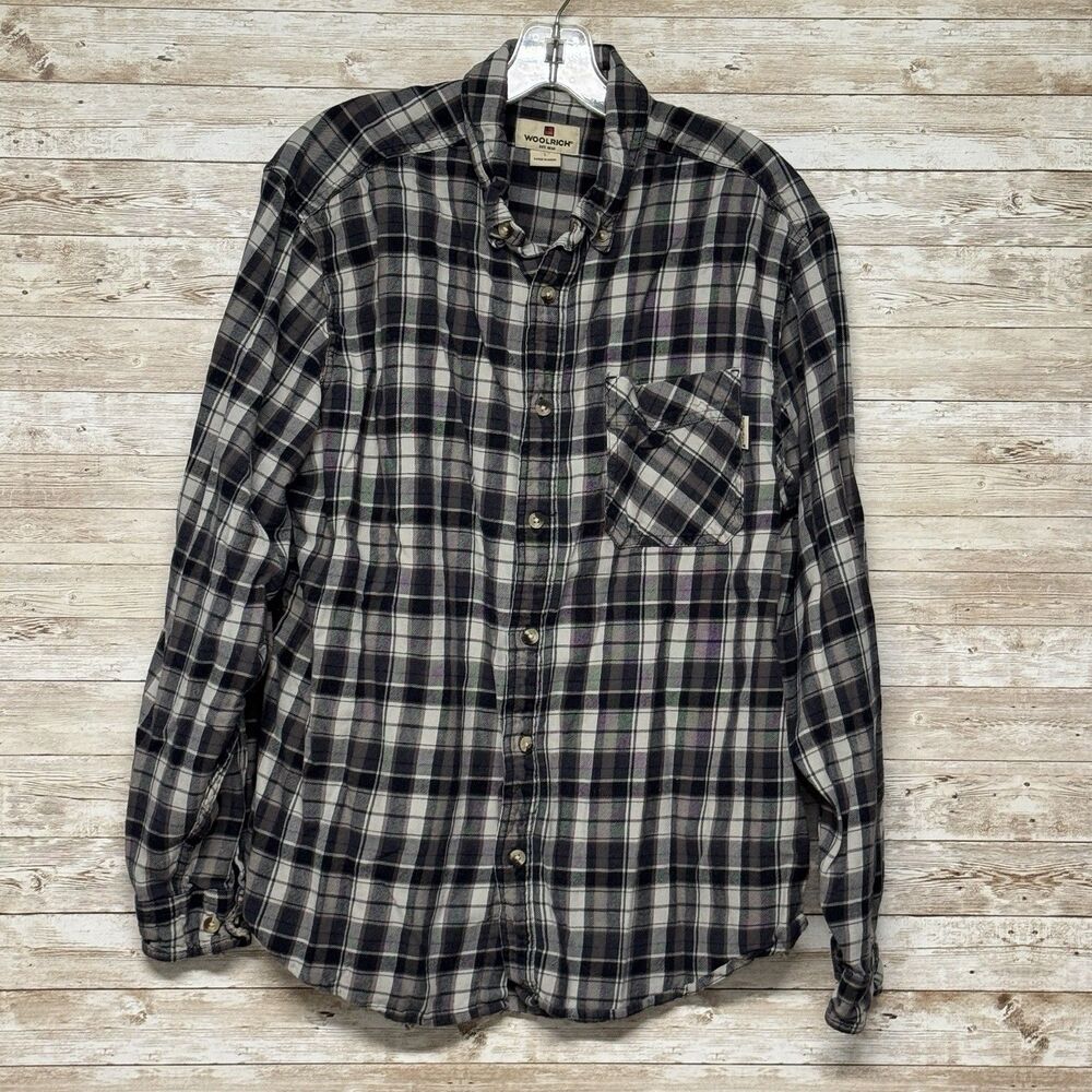 Woolrich Blue Brown Plaid Flannel Shirt Mens Large Button Front Long Sleeve